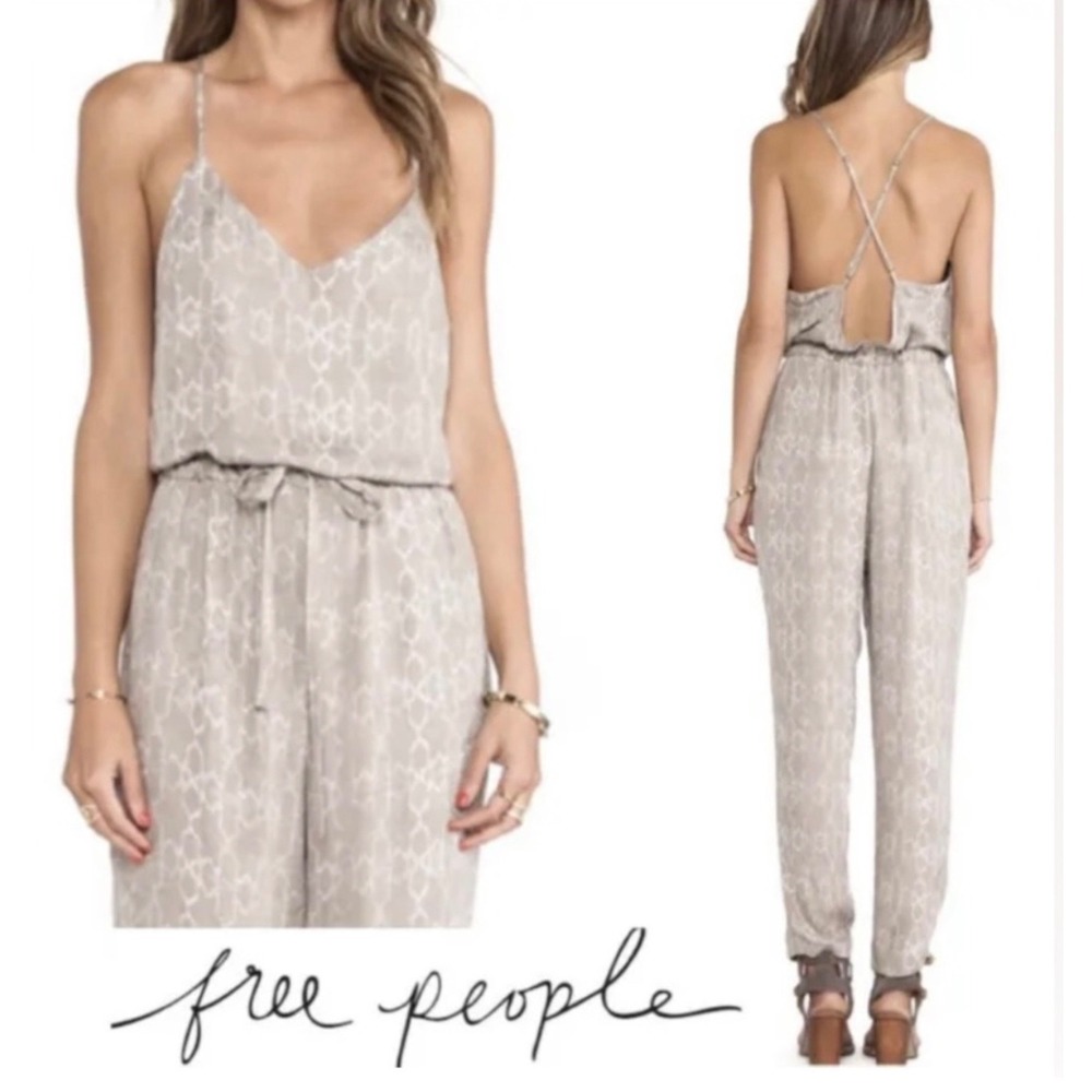 Free People Sunset Jumpsuit Natural Taupe Snake Print Open Back Medium M